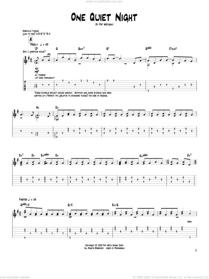 One Quiet Night sheet music for guitar (tablature) by Pat Metheny, intermediate skill level