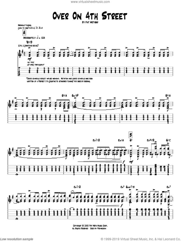 Over On 4th Street sheet music for guitar (tablature) by Pat Metheny, intermediate skill level