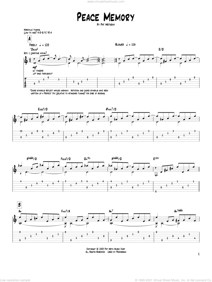 Peace Memory sheet music for guitar (tablature) by Pat Metheny, intermediate skill level