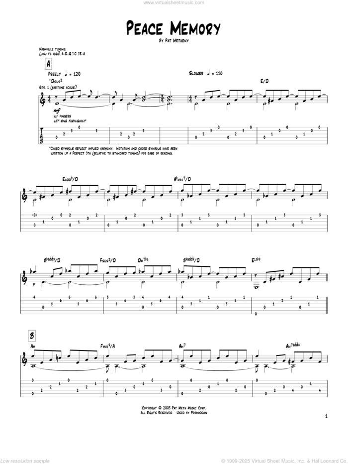 Peace Memory sheet music for guitar (tablature) by Pat Metheny, intermediate skill level