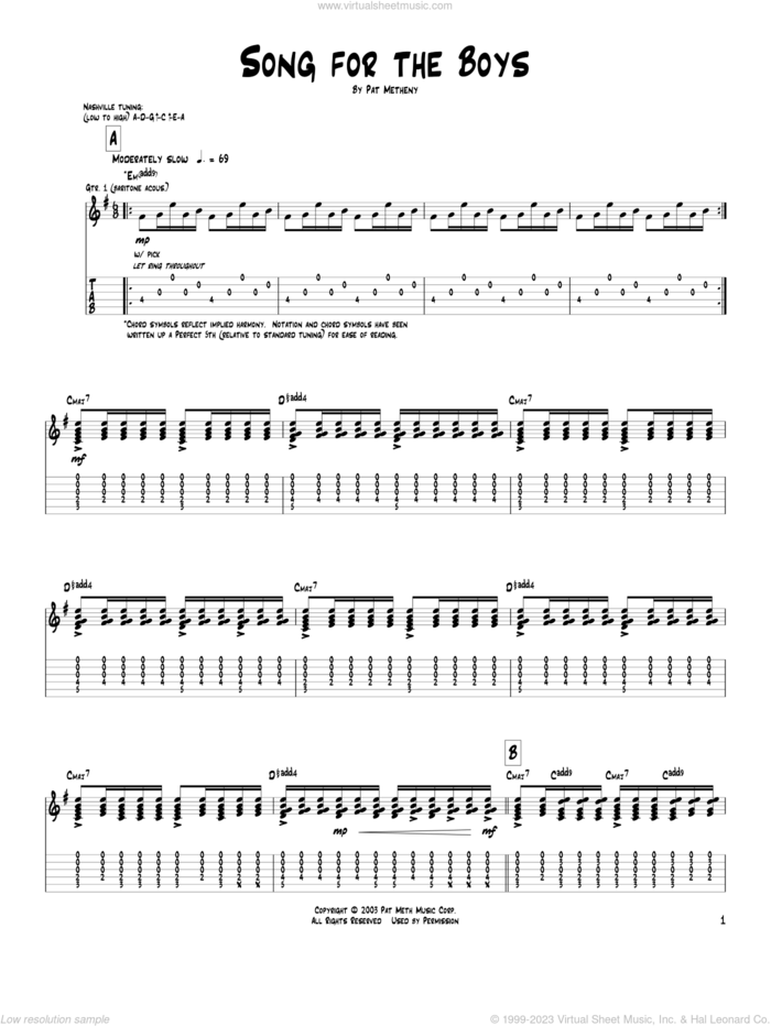 Song For The Boys sheet music for guitar (tablature) by Pat Metheny, intermediate skill level