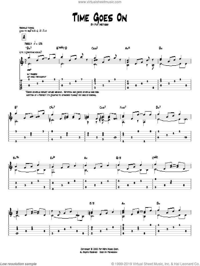 Time Goes On sheet music for guitar (tablature) by Pat Metheny, intermediate skill level