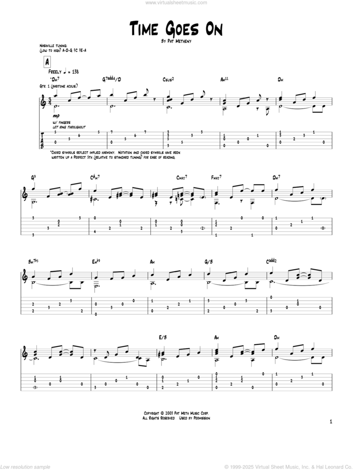 Time Goes On sheet music for guitar (tablature) by Pat Metheny, intermediate skill level