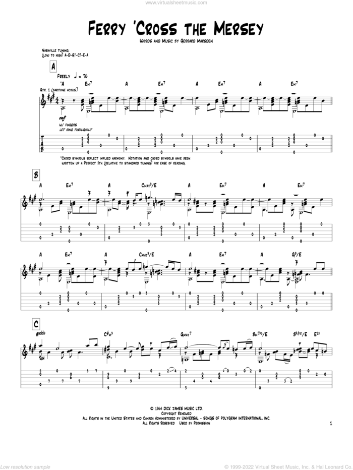 Ferry 'Cross The Mersey sheet music for guitar (tablature) by Pat Metheny, Gerry & The Pacemakers and Gerry Marsden, intermediate skill level