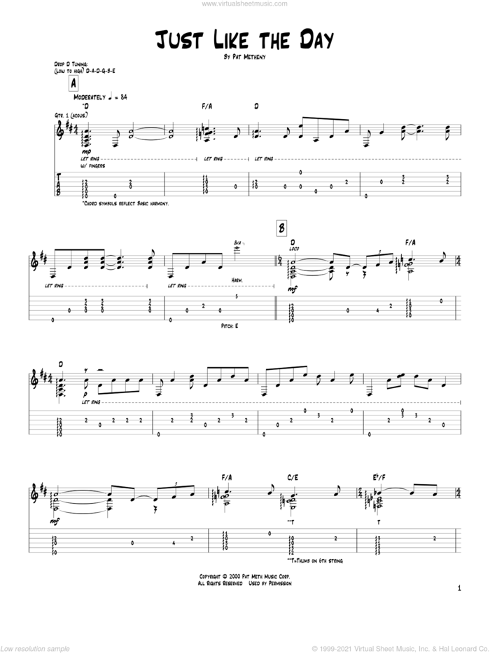 Just Like The Day sheet music for guitar (tablature) by Pat Metheny, intermediate skill level