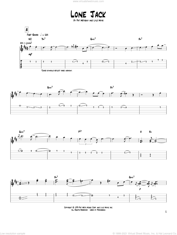 Lone Jack sheet music for guitar (tablature) by Pat Metheny and Lyle Mays, intermediate skill level