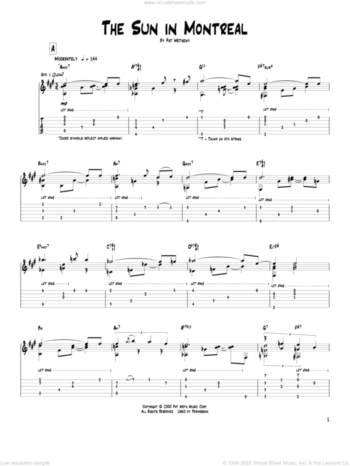 The Sun In Montreal sheet music for guitar (tablature) by Pat Metheny, intermediate skill level