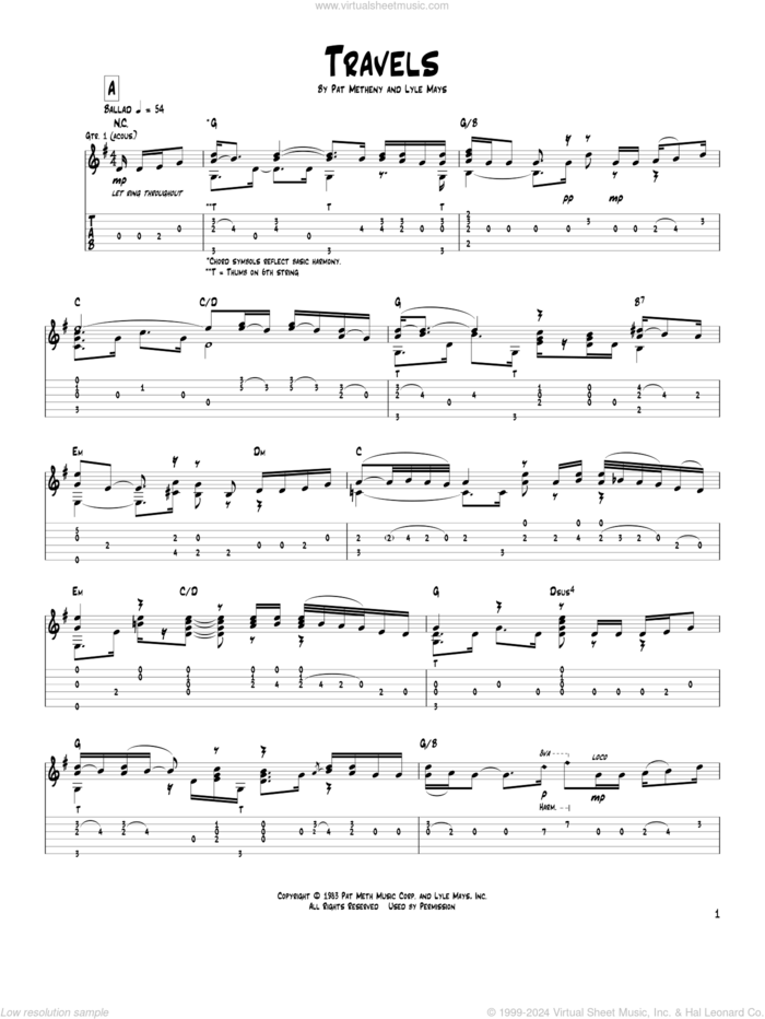 Travels sheet music for guitar (tablature) by Pat Metheny and Lyle Mays, intermediate skill level