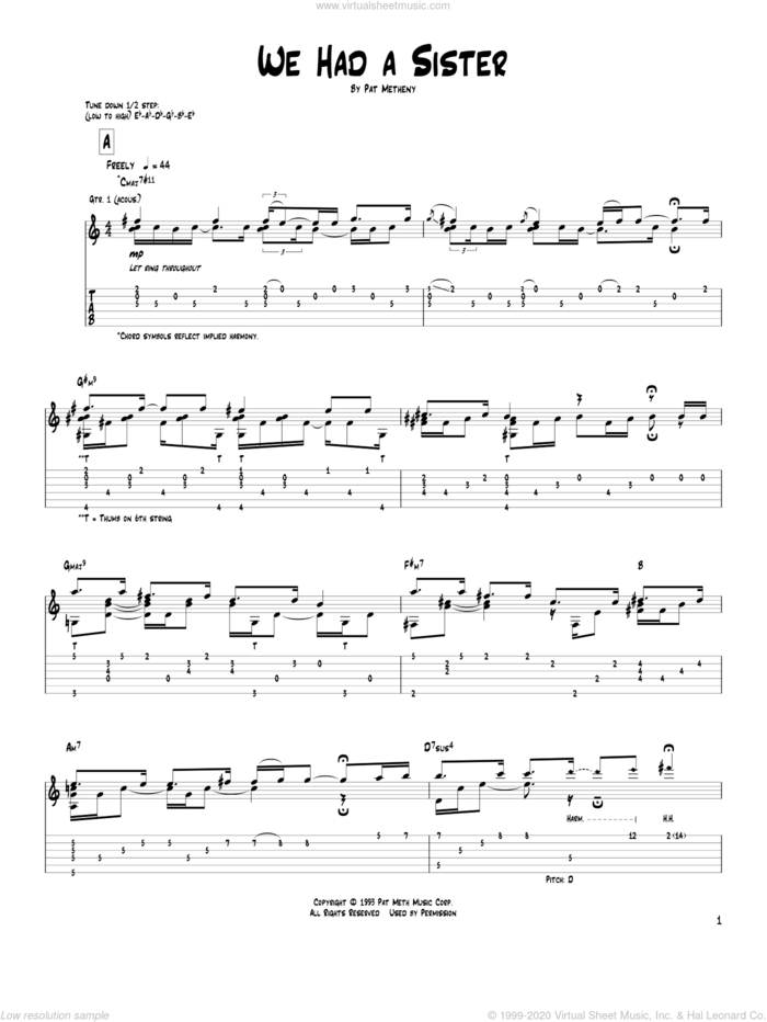 We Had A Sister sheet music for guitar (tablature) by Pat Metheny, intermediate skill level