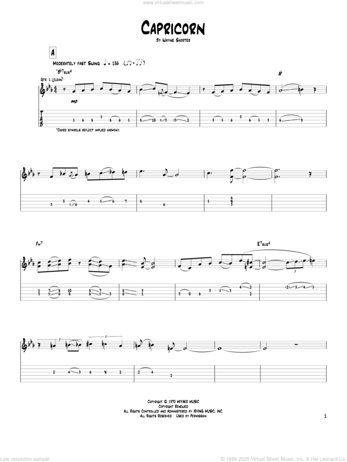 Capricorn sheet music for guitar (tablature) by Pat Metheny and Wayne Shorter, intermediate skill level