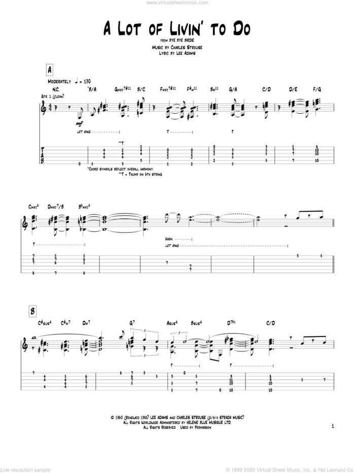 A Lot Of Livin' To Do sheet music for guitar (tablature) by Pat Metheny, Bryan Adams, Charles Strouse and Lee Adams, intermediate skill level
