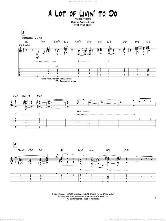 A Lot Of Livin' To Do sheet music for guitar (tablature) by Pat Metheny, Bryan Adams, Charles Strouse and Lee Adams, intermediate skill level