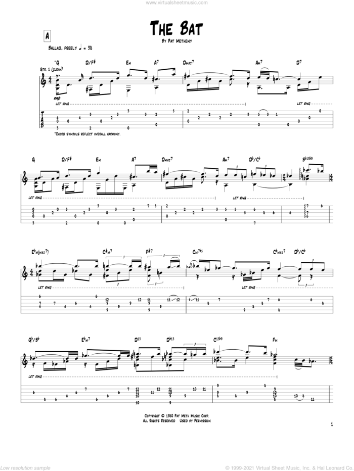 The Bat sheet music for guitar (tablature) by Pat Metheny, intermediate skill level