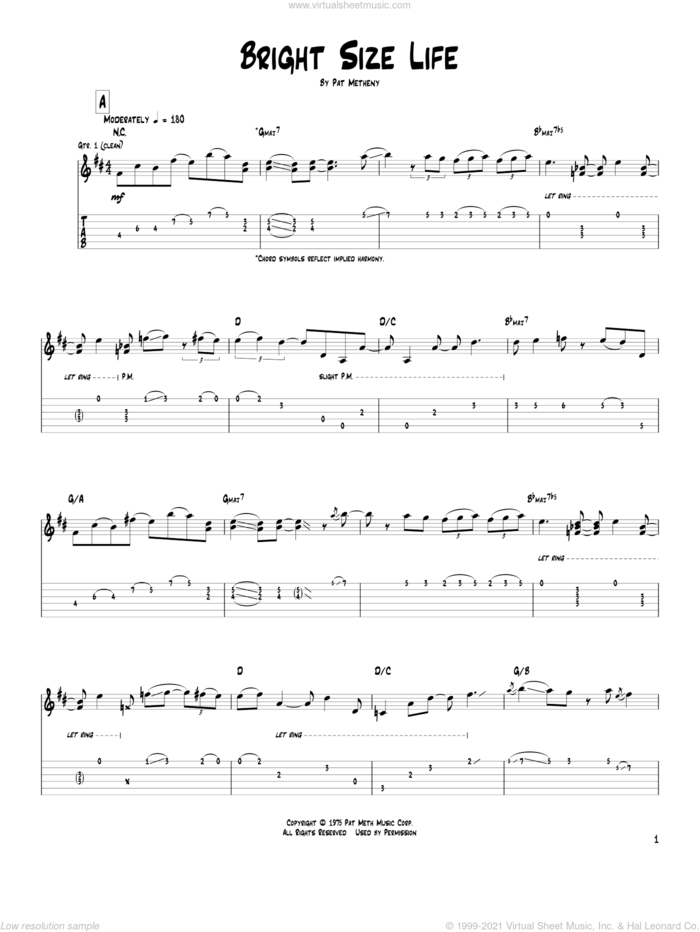 Bright Size Life sheet music for guitar (tablature) by Pat Metheny, intermediate skill level