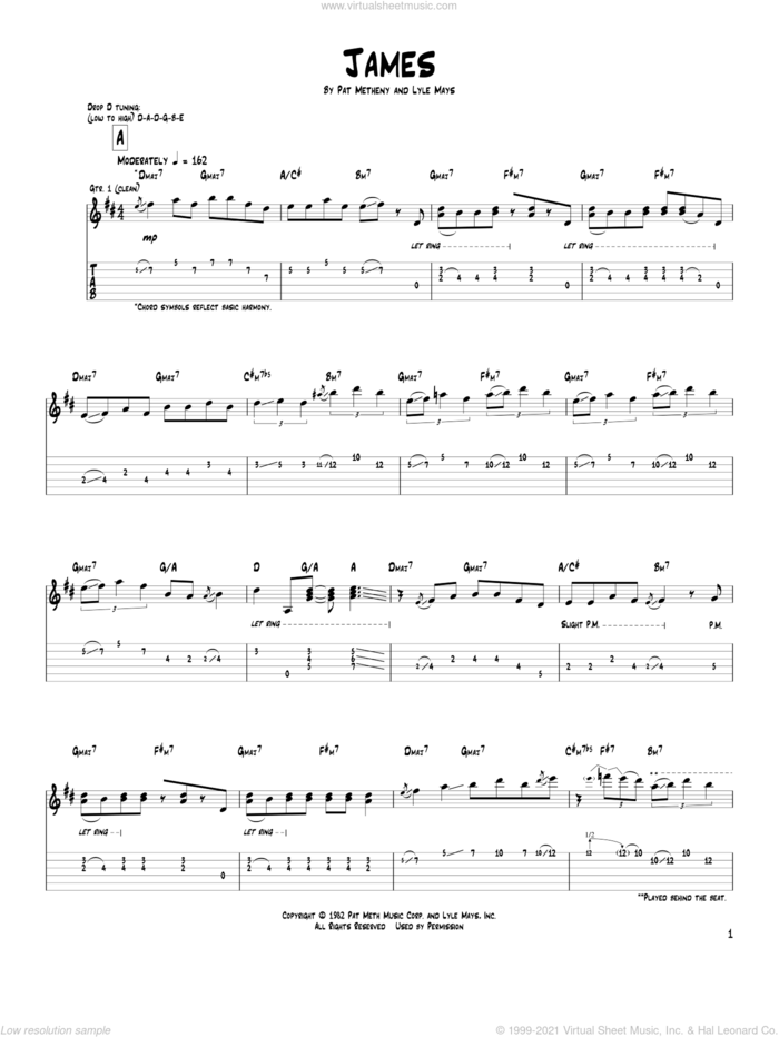 James sheet music for guitar (tablature) by Pat Metheny and Lyle Mays, intermediate skill level