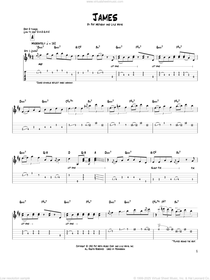 James sheet music for guitar (tablature) by Pat Metheny and Lyle Mays, intermediate skill level