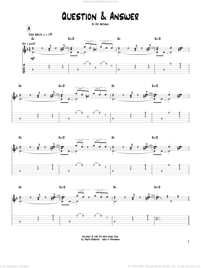 Question and Answer sheet music for guitar (tablature) by Pat Metheny, intermediate skill level