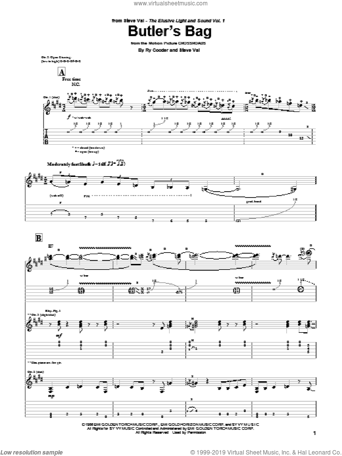Butler's Bag sheet music for guitar (tablature) by Steve Vai and Ry Cooder, intermediate skill level