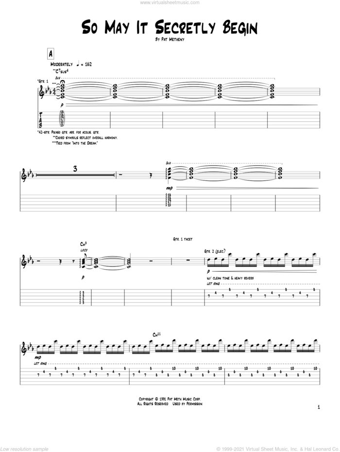 So May It Secretly Begin sheet music for guitar (tablature) by Pat Metheny, intermediate skill level