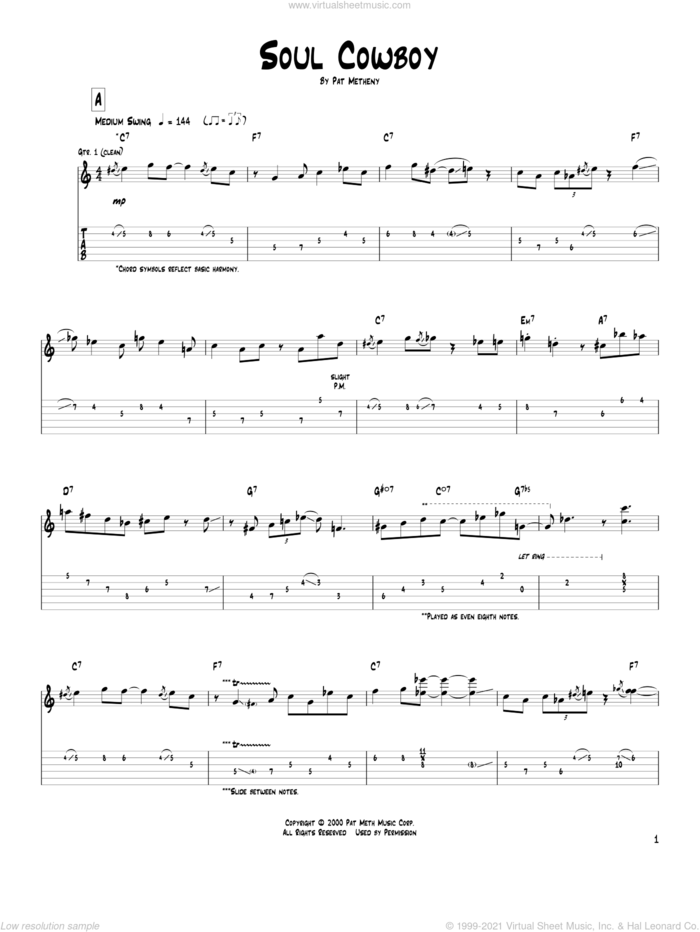 Soul Cowboy sheet music for guitar (tablature) by Pat Metheny, intermediate skill level