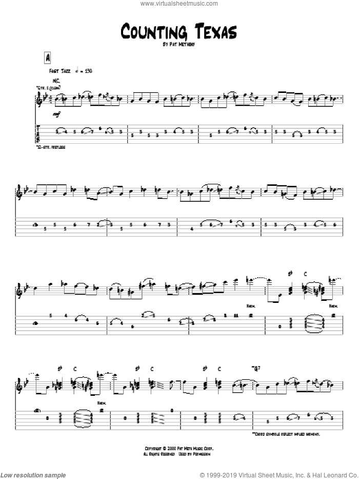 Counting Texas sheet music for guitar (tablature) by Pat Metheny, intermediate skill level