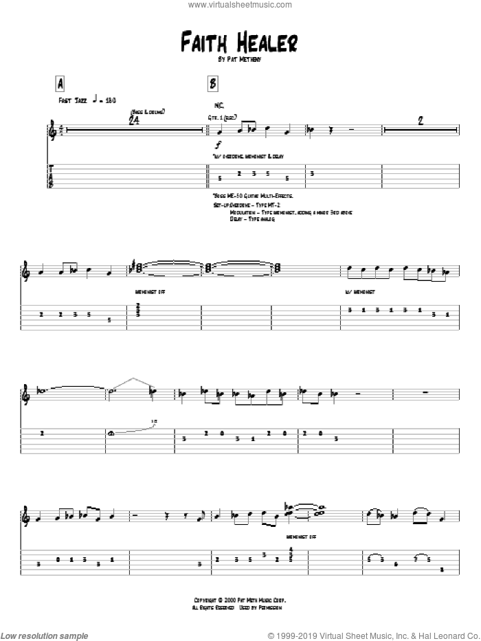 Faith Healer sheet music for guitar (tablature) by Pat Metheny, intermediate skill level