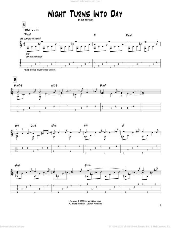 Night Turns Into Day sheet music for guitar (tablature) by Pat Metheny, intermediate skill level