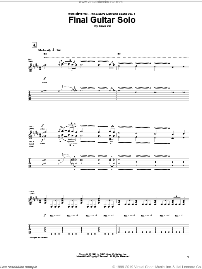 Final Guitar Solo sheet music for guitar (tablature) by Steve Vai, intermediate skill level