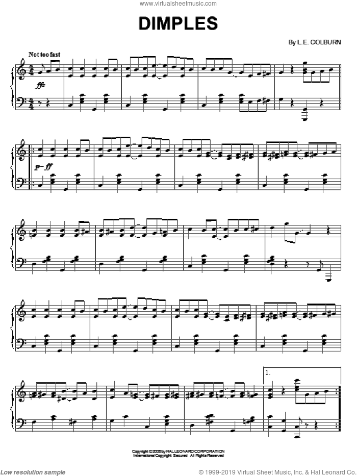 Dimples sheet music for piano solo by L.E. Colburn, intermediate skill level