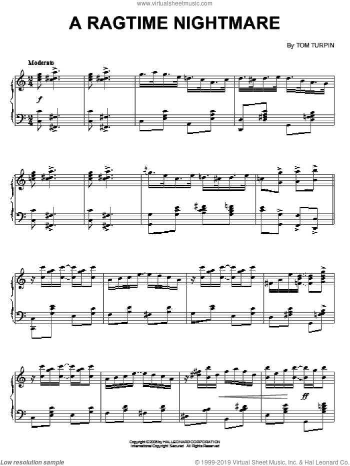 A Ragtime Nightmare sheet music for piano solo by Tom Turpin, intermediate skill level