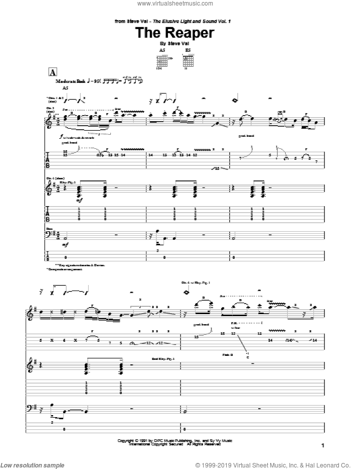 The Reaper sheet music for guitar (tablature) by Steve Vai, intermediate skill level