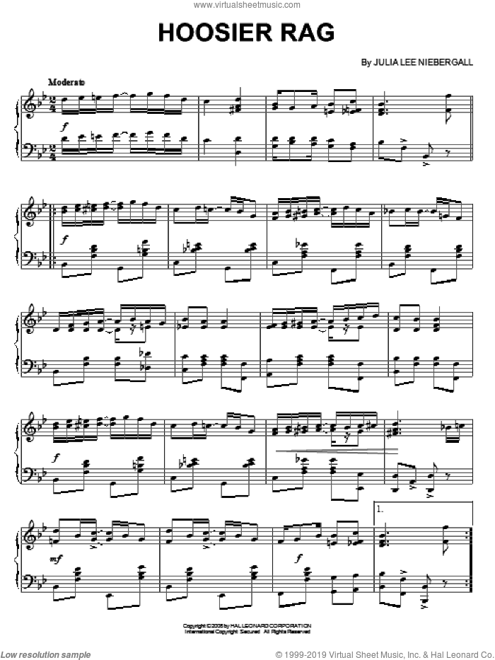 Hoosier Rag sheet music for piano solo by Julia Lee Niebergall, intermediate skill level