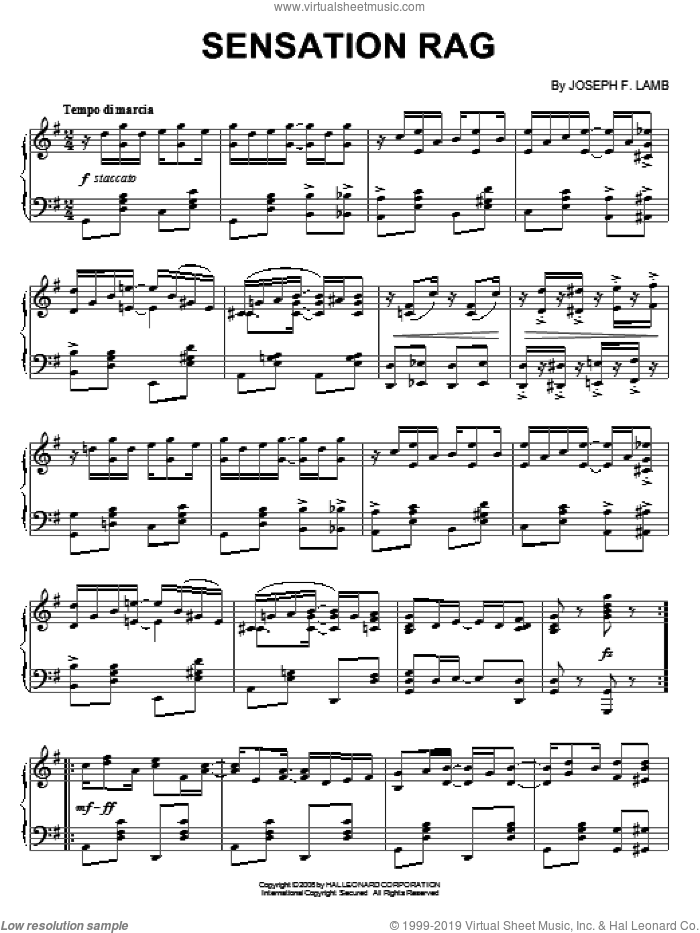 Sensation Rag sheet music for piano solo by Joseph Lamb, intermediate skill level