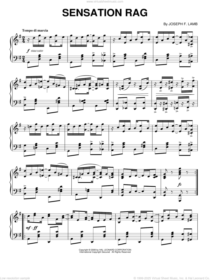 Sensation Rag sheet music for piano solo by Joseph Lamb, intermediate skill level