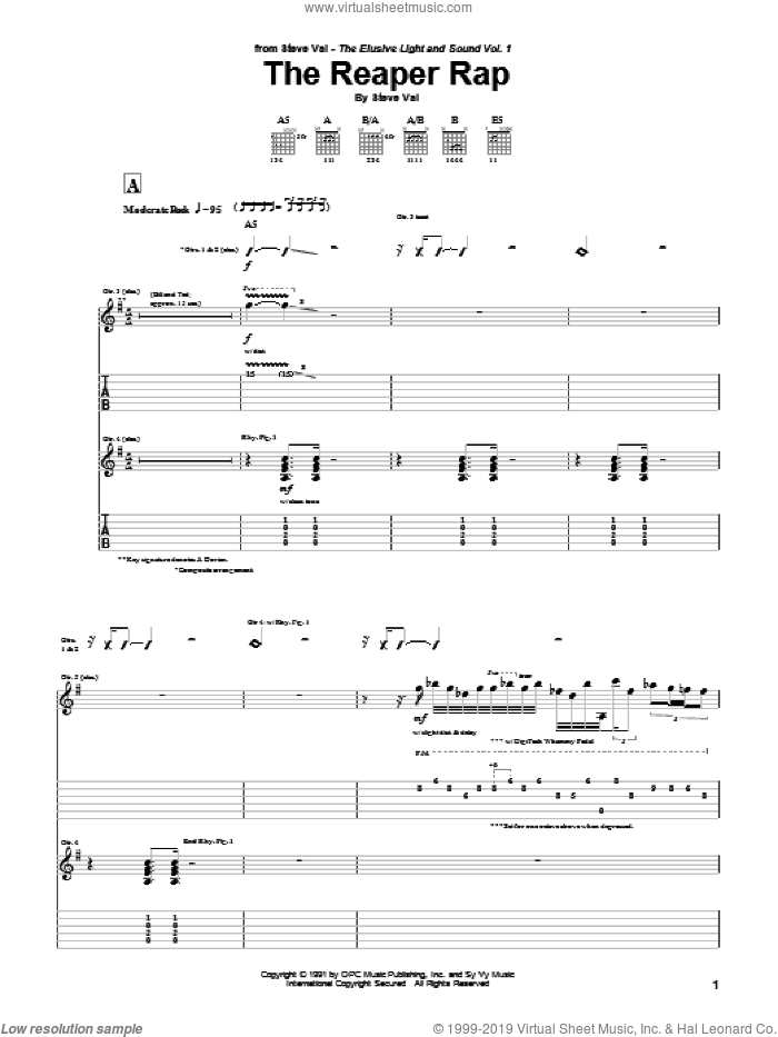 The Reaper Rap sheet music for guitar (tablature) by Steve Vai, intermediate skill level