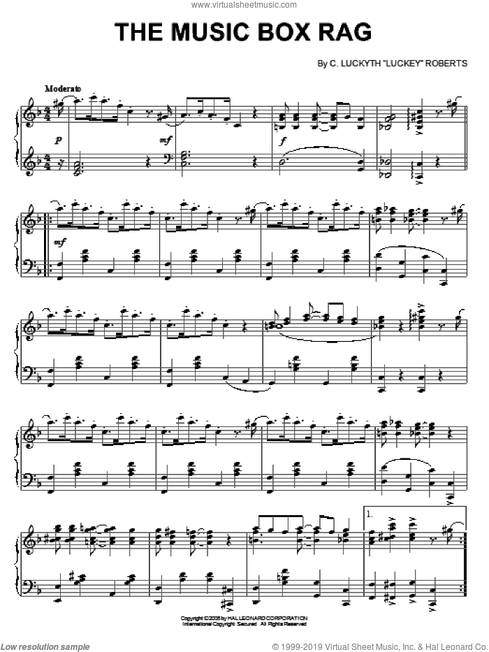 The Music Box Rag sheet music for piano solo by C. Luckyth 'Luckey' Roberts, intermediate skill level