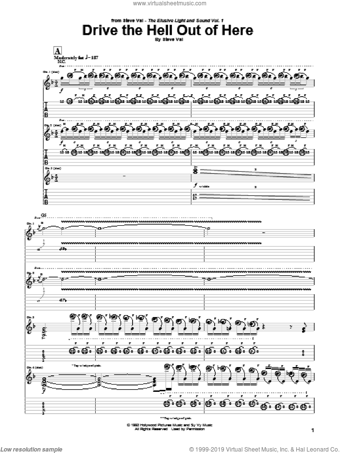 Drive The Hell Out Of Here sheet music for guitar (tablature) by Steve Vai, intermediate skill level