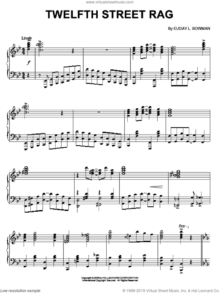 Twelfth Street Rag, (intermediate) sheet music for piano solo by Euday L. Bowman, intermediate skill level