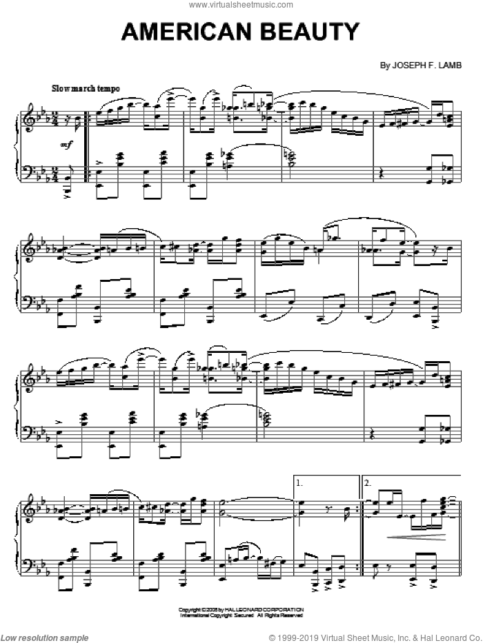 American Beauty sheet music for piano solo by Joseph Lamb, intermediate skill level