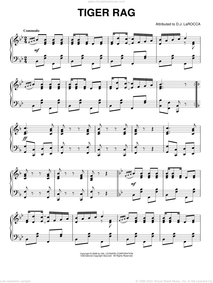Tiger Rag, (intermediate) sheet music for piano solo by D.J. LaRocca, intermediate skill level