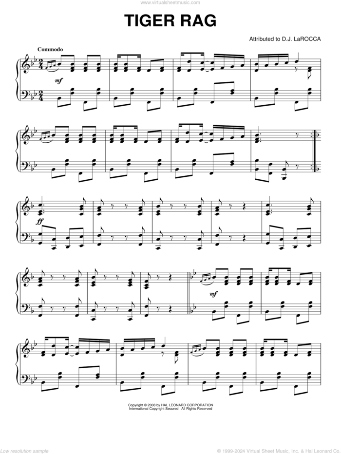 Tiger Rag, (intermediate) sheet music for piano solo by D.J. LaRocca, intermediate skill level