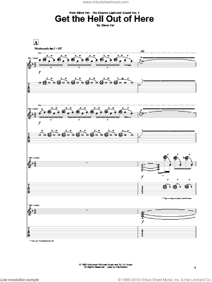 Get The Hell Out Of Here sheet music for guitar (tablature) by Steve Vai, intermediate skill level