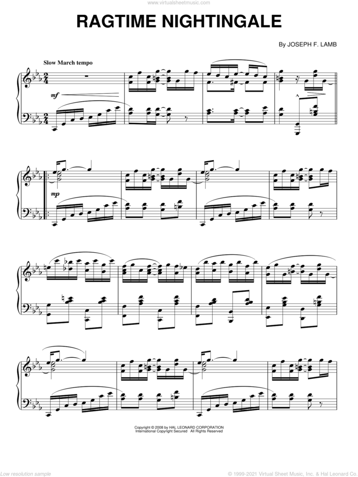 Ragtime Nightingale sheet music for piano solo by Joseph Lamb, intermediate skill level