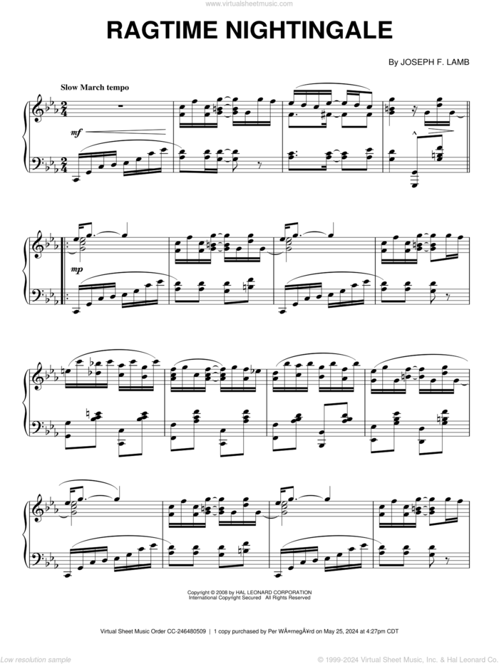 Ragtime Nightingale sheet music for piano solo by Joseph Lamb, intermediate skill level