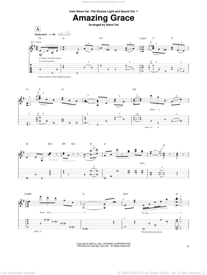 Amazing Grace sheet music for guitar (tablature) by Steve Vai and Miscellaneous, intermediate skill level