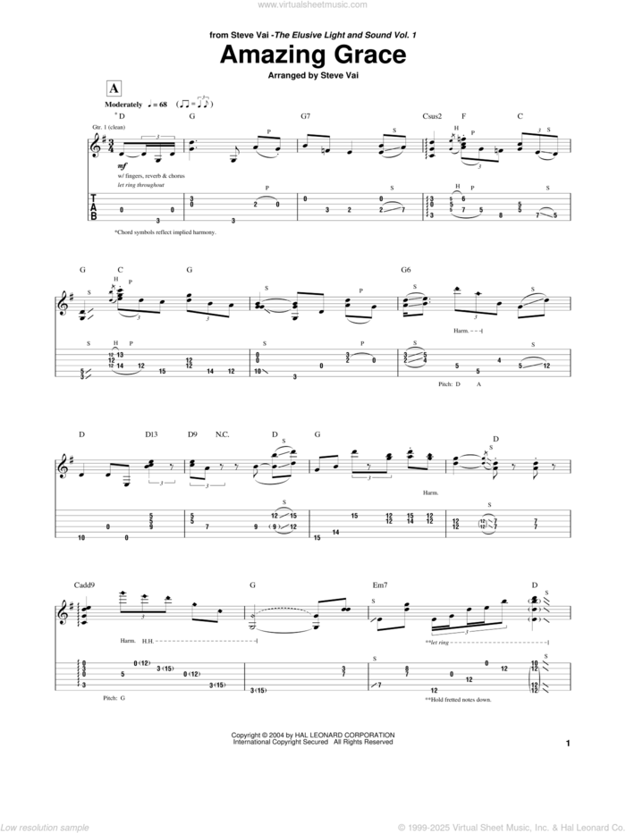 Amazing Grace sheet music for guitar (tablature) by Steve Vai and Miscellaneous, intermediate skill level