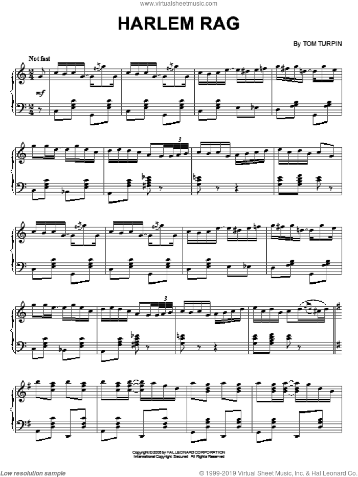 Harlem Rag sheet music for piano solo by Tom Turpin, intermediate skill level