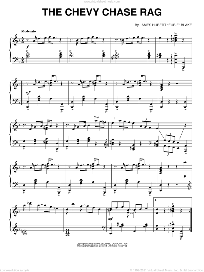 The Chevy Chase Rag sheet music for piano solo by Eubie Blake, intermediate skill level