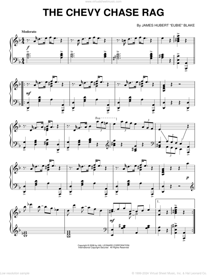 The Chevy Chase Rag sheet music for piano solo by Eubie Blake, intermediate skill level