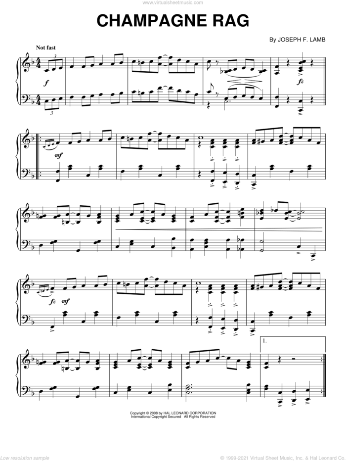Champagne Rag sheet music for piano solo by Joseph Lamb, intermediate skill level